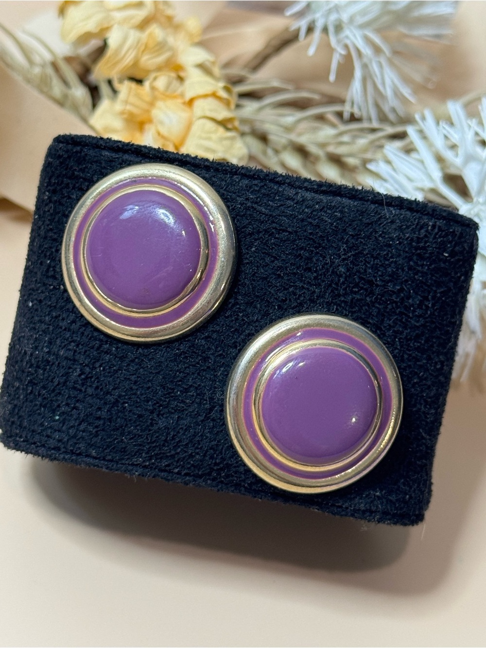 Vintage Purple & Gold Tone Round Statement Stud Earrings